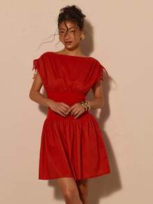 COSMINA Women's Elegant Ruched Waist Ruched Mini Dress, Versatile For Commute, Office, Outing, Daily Wear, Spring - Red - View 4