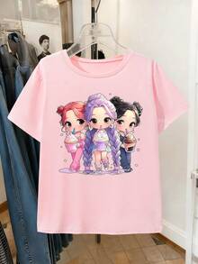 Blusa de manga corta con cuello redondo y estampado gráfico de dibujos animados/grupo de chicas K-Pop, ropa casual de verano para uso diario, viajes u ocasiones festivas - Rosa Pálido - Ver 4