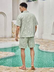 Men's Mint Green Botanical Collar Short Sleeve Woven Loose Fit Shirt Set, Casual, Button Front, Drawstring, Pocket, Summer/Spring/Fall, Matching Set Gift For Father/ Husband - Mint Green - View 2