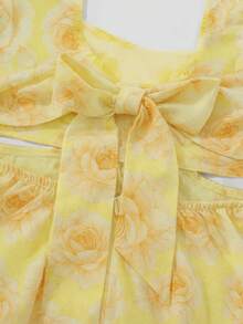 Cévolie Vestido corto de mujer con estampado floral, mangas farol y tirantes anudados en la espalda, para primavera/verano. Vestido casual y suelto con cuello cuadrado y espalda descubierta, en estilo francés elegante, adecuado para fiestas, vacaciones y compras. - Amarillo - Ver 6
