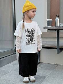 DAZY Young Girls Round Neck Casual Korean Style 2 In 1 Lace Patchwork Spring/Summer Top T-Shirt - White - View 3