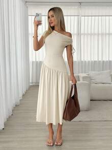 Easowa Women's Asymmetrical Asymmetric Shoulder Ruched Tie Bow Decor Dress - Apricot - View 1