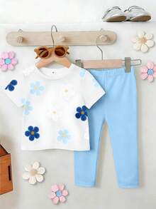 Set de 2 piezas: Camiseta de manga corta con cuello redondo y estampado floral + Leggings de unicolor, conjunto de verano casual y lindo para niña - Multicolor - View 3
