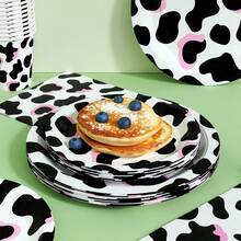 Pink Cow Print Disposable Plates, Napkins And Cups, Party Supplies Set, Serves 24 People, Disposable Paper Party Tableware, Suitable For Birthdays, Weddings, Theme Parties, Family Picnics. - View 4