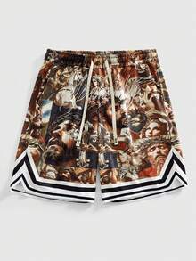 ROMWE MEN Street Life Pantalones cortos casuales para hombres con estampado de Jesús, cintura con cordón y bolsillos en diagonal - Caqui - Ver 1