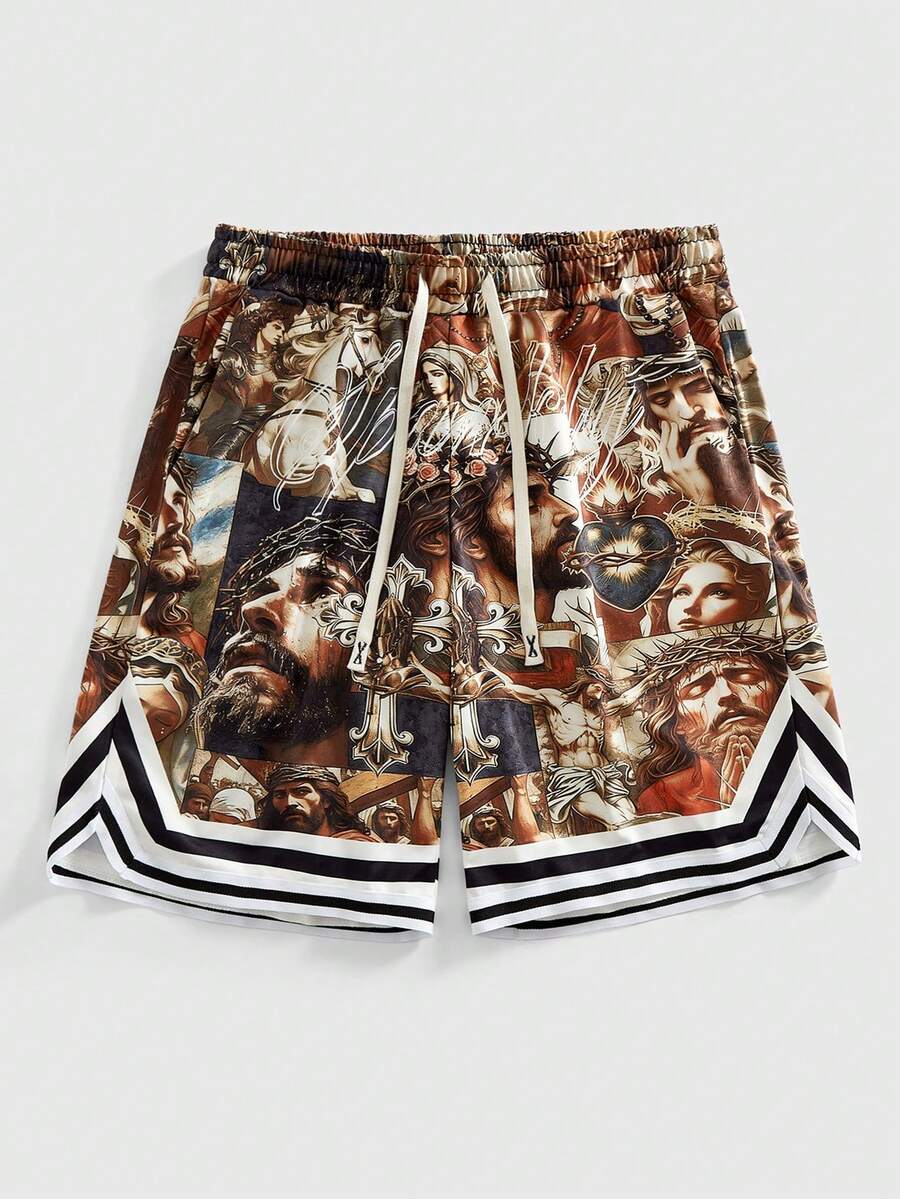 ROMWE MEN Street Life Pantalones cortos casuales para hombres con estampado de Jesús, cintura con cordón y bolsillos en diagonal - Caqui - Ver 1