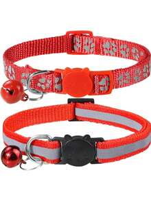 2pcsRed Reflective Anti-LostPet Collarfor SmallAnd Medium DogsAnd Cats ReflectiveSmall AnimalCollarsPrint Pawprint Bell Collar Catbuckle Collar - Red - View 5