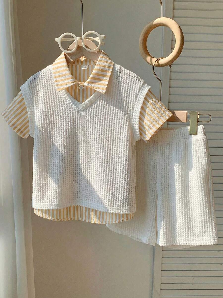 SHEIN 男童休闲校服三件套：背心、短裤、条纹衬衫，适合生日派对、晚宴、演出、婚礼、学校活动、洗礼、一周岁生日庆祝、迎婴派对等场合，春夏秋季皆宜。