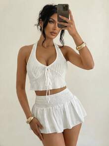 Sirith Women's Solid Color Shirred Waist Drawstring Shorts - White - View 4