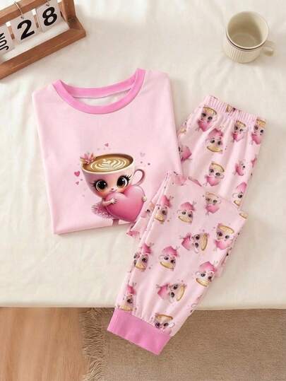 少女休闲简约短袖睡衣套装，修身款，适合春夏穿着