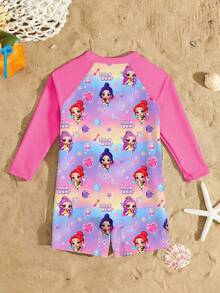 新款时尚女童连体长袖短裤泳衣，随机可爱印花少女泳装 - 彩色 - 查看 2