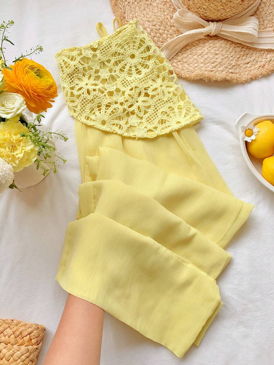 Comfortcana Women's Soft Yellow See-Through Crochet Wrapped Pants,Summer Elegant Holiday Tea Party,2026 Spring New Beach Vacation Y2k Sequin Fringe Ruffle Flower - White - View 1