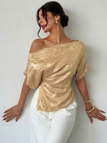 Firerie Women's Elegant Sophisticated Urban Chic Off-Shoulder Asymmetric Hem Metallic Coated Gold Blouse,Summer Top For Seductive Party Night Valentine's Day - Khaki - View 5