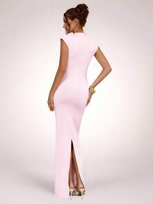 SHEIN BAE Apricot Asymmetric Ruched Bodycon Dress, Elegant Basic Minimalist Long Dress, Spring/Summer,Summer Dresses For Women - Coral Pink - View 2