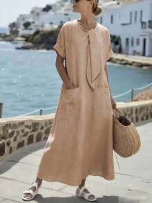 Louniche Đầm nữ dáng casual, chất liệu giả denim, cổ tròn, buộc dây, có túi, thoải mái cho mùa xuân/hè. - Màu Khaki - Xem 3