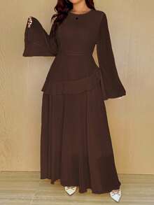 Vionelle Plus Size Solid Color Round Neck Ruffle Hem Elegant Long Sleeve Dress - Brown - View 4