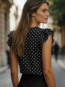 EMERY ROSE Camiseta casual versátil de mujer con cuello redondo, mangas con volantes y estampado de lunares, nueva llegada de primavera/verano - Multicolor - Ver 2