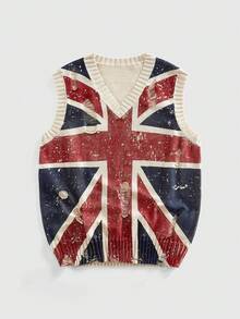 ROMWE MEN Áo vest dệt kim cổ chữ V họa tiết cờ Anh dành cho nam, kiểu dáng thường ngày, phong cách bụi bặm. - Màu be - Xem 1