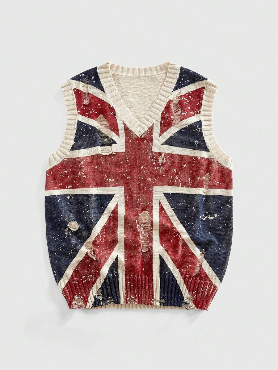 ROMWE MEN Áo vest dệt kim cổ chữ V họa tiết cờ Anh dành cho nam, kiểu dáng thường ngày, phong cách bụi bặm. - Màu be - Xem 1