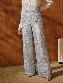 Anewsta Elegant Silver Metallic Floral Mesh Sequin Straight Leg Pants, Graceful For Dates And Vacations - Silver - View 3