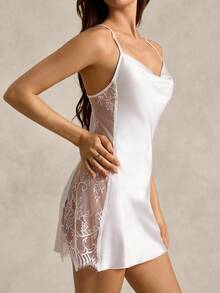 French Elegant Women Contrast Lace Slip Dress - White - View 6