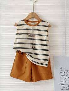 SHEIN 2pcs Young Boys' Casual Comfortable Versatile Striped Print Sleeveless Top And Solid Color Shorts Set - Brown - View 8