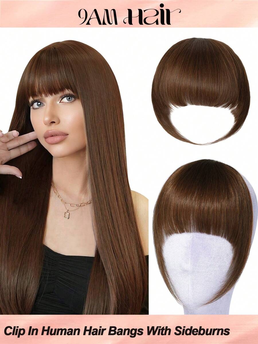 Flequillo postizo de cabello humano 100% Flequillo postizo de color marrón medio #4 con patillas Extensiones de flequillo postizo de cabello humano real para uso diario de mujeres - S4 - Ver 1