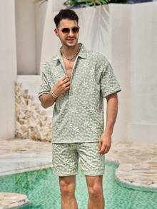 Men's Mint Green Botanical Collar Short Sleeve Woven Loose Fit Shirt Set, Casual, Button Front, Drawstring, Pocket, Summer/Spring/Fall, Matching Set Gift For Father/ Husband - Mint Green - View 4