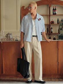 SWAVVY Men's Striped Pleated Wide Leg Loose Casual Suit Pants - Apricot - View 4