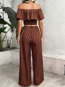 SHEIN PariChic 棕色波点露肩系带阔腿裤两件套夏季女装夏季度假套装 - 棕色 - 查看 2