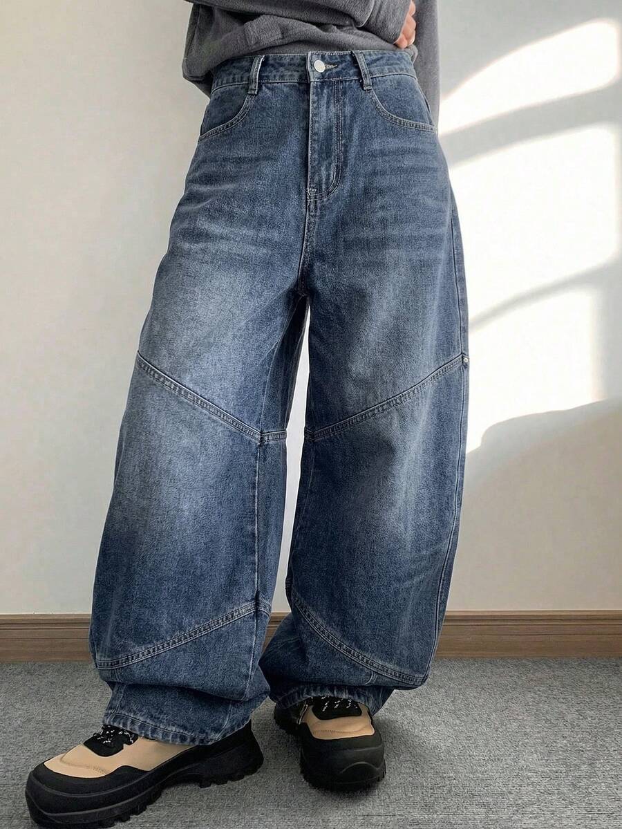 DAZY Quần jeans nữ ống rộng, dáng suông, phối nhiều mảnh vải, chất liệu denim mài, kiểu Hàn Quốc. - Màu xanh lam - Xem 1