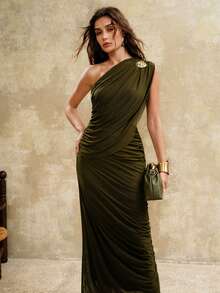 Arave Women's Elastic Fabric H-Line Ruched Asymmetric Shoulder Metal Button Sleeveless Casual Commuter Dress - Green - View 7