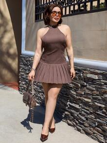 Lupita Cardoza Vintage Campus Striped Halter Bodycon Pleated Open Back Mini Dress Party - Khaki - View 4