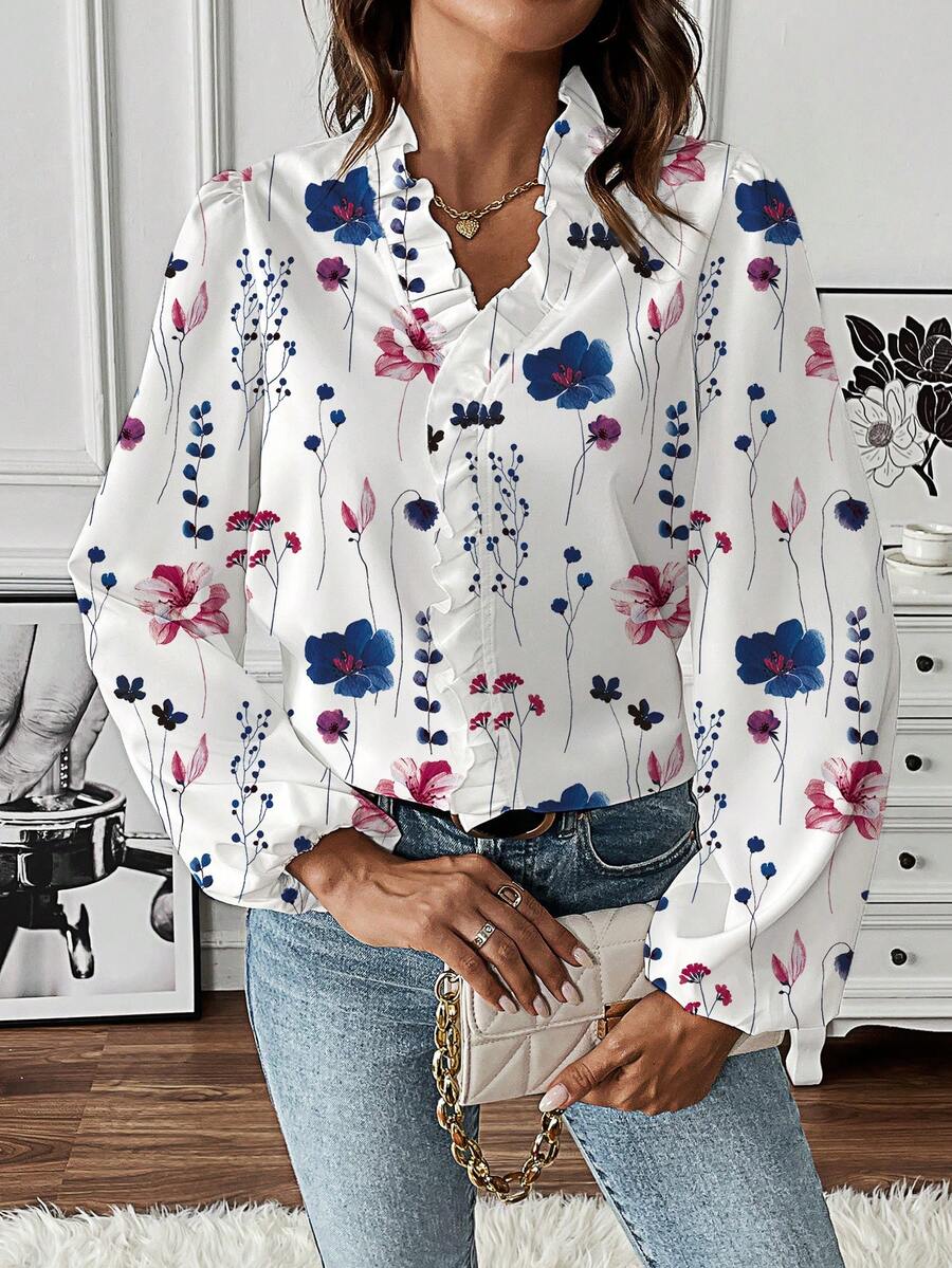 EMERY ROSE 女士长袖印花荷叶边长衬衫 - 彩色 - 查看 1