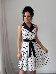 Elenzga Đầm nữ không tay, phối eo, chấm bi, dáng chữ A, thanh lịch, lãng mạn, tinh tế. - Đen và trắng - Xem 6