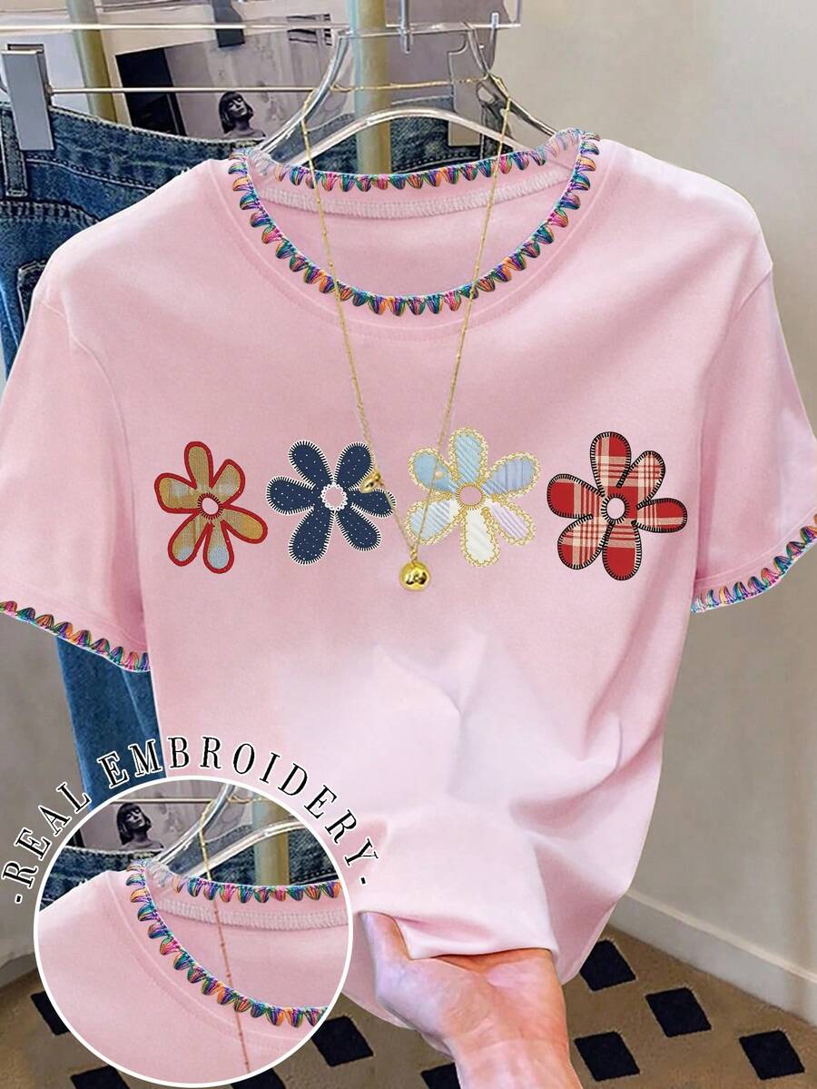 Resyla Women's Floral Embroidery Casual Dropped Shoulder Round Neck T-Shirt, 4 Different Floral Print T-Shirt - Baby Pink - View 1