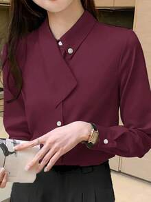 EMERY ROSE 不对称领百搭优雅通勤女式 T 恤 - 酒紅色 - 查看 3