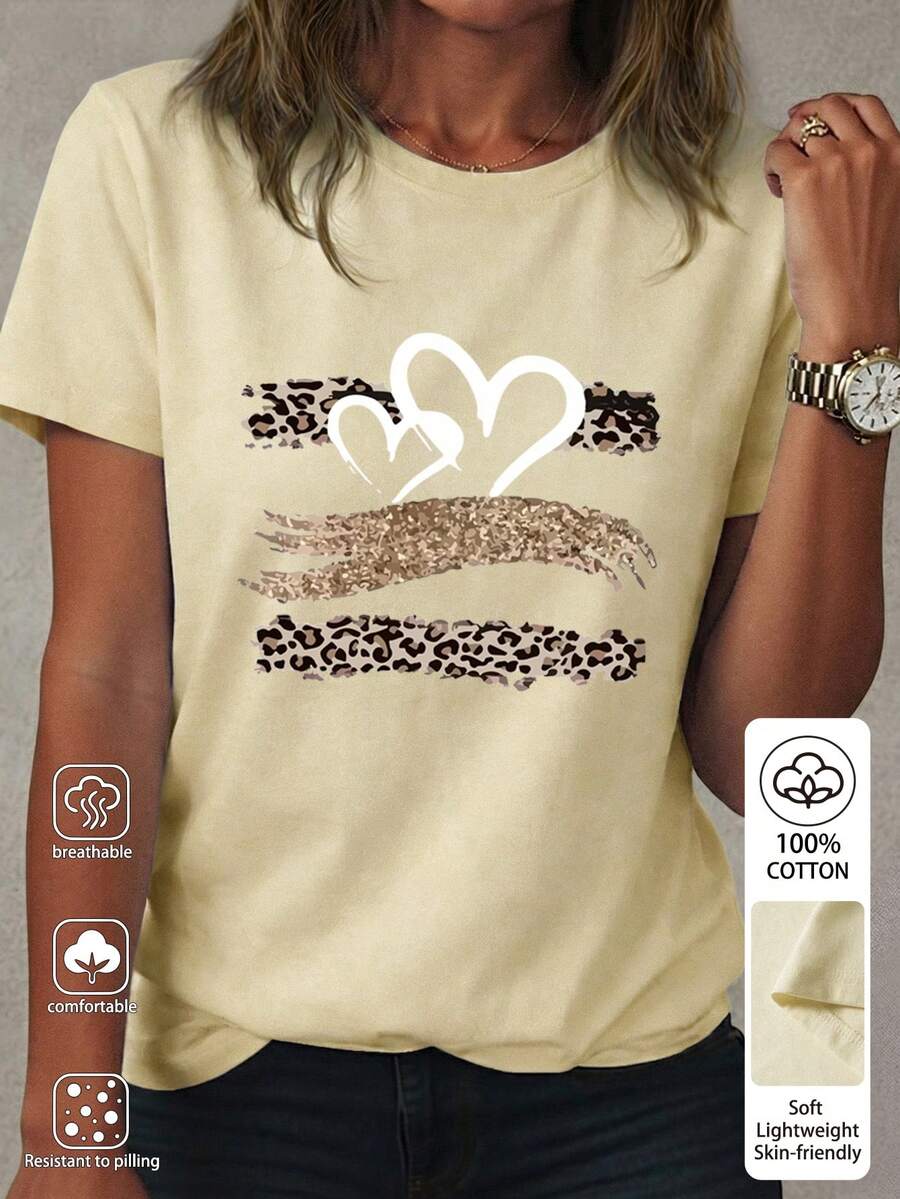 Selamara Áo thun nữ tay ngắn cổ tròn in hình trái tim, chất liệu 100% cotton, kiểu dáng thường ngày, đa năng. - Màu be - Xem 1