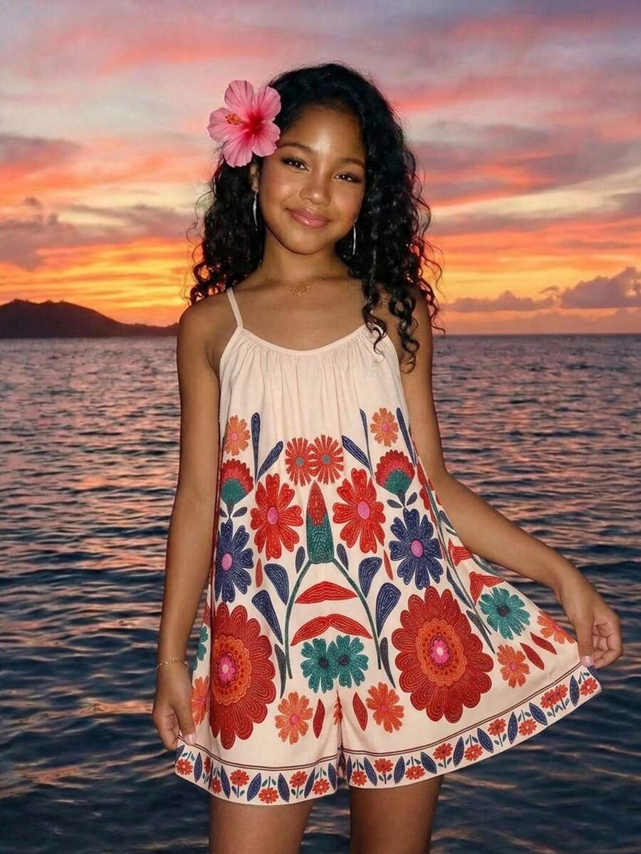 SHEIN Tween Girls' Casual Vacation Tropical Floral & Print Jumpsuit,Kids - Multicolor - View 1