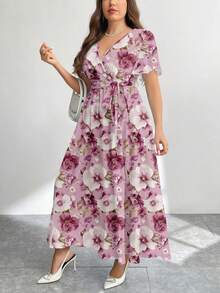 Modelyn Casual Minimalist Retro Floral Pattern Loose Plus Size Dress, Suitable For Autumn/Winter - Multicolor - View 5