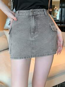 FRIFUL Chân váy denim ngắn nữ kiểu dáng thường ngày, đa năng, có túi tiện dụng. - Xám - Xem 7