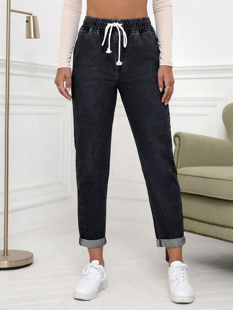 SHEIN Essnce 休闲水洗抽绳腰锥形牛仔裤加厚牛仔布 - 黑色 - 查看 1