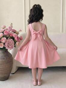 SHEIN Tween Girls Elegant Square Neck Red Beaded U-Neck A-Line Umbrella Hem Patchwork Dress With Large Pink Bow Back - Pink - View 3