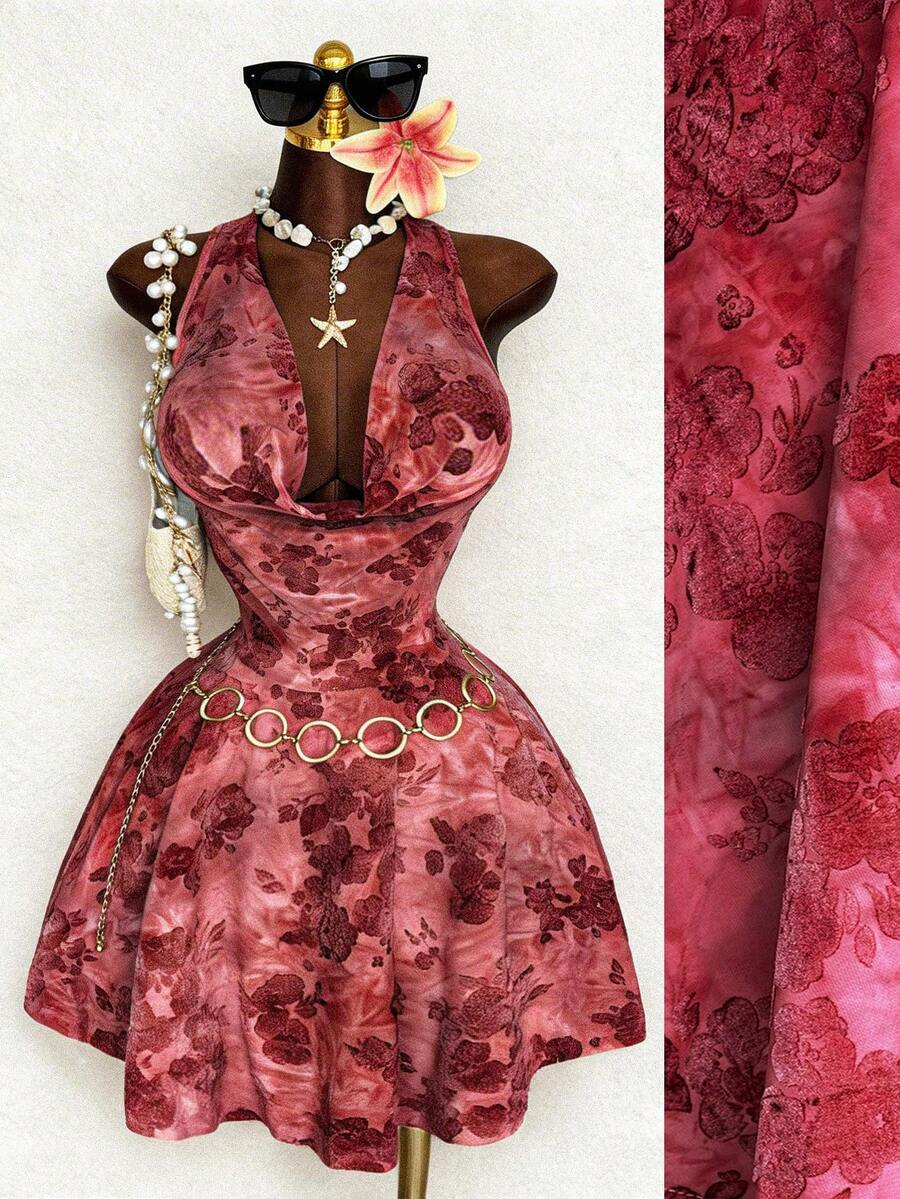 Sunspun Đầm mùa hè dệt kim họa tiết hoa dành cho nữ cỡ lớn, thích hợp mặc thường ngày/đi nghỉ mát/đi làm. - màu nâu - Xem 1