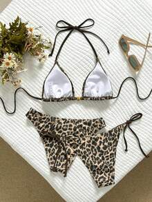 Swim Vcay Bộ bikini 3 mảnh dành cho nữ, họa tiết da báo, kiểu buộc dây cổ, kết hợp với quần tam giác thắt nút bên hông và quần cạp cao, thích hợp cho bãi biển và kỳ nghỉ, mùa xuân/hè. - Nhiều màu - Xem 2