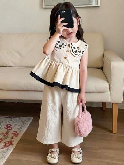 SHEIN 两件套女婴休闲花卉刺绣翻领无袖上衣和裤子套装，适合春夏季节、户外旅行和日常穿着。