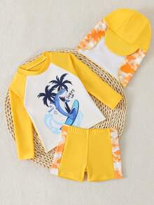 3件套男婴泳装，针织鲨鱼图案连帽泳衣，可爱又适合度假和夏季穿着，展现时尚沙滩风情 - 橘色 - 查看 5