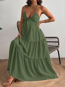 Cheriluna Maternity Maternity Solid Color Halter Tie Backless Ruched Casual Vacation Dress - Army Green - View 4