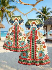 女童度假吊带连衣裙，女童沙滩裙，优雅复古时尚夏季连衣裙，腰部镂空吊带裙，热带花卉图案，春夏女童连衣裙，户外休闲装，返校季，派对，适合野餐、旅行、摄影、校园、假期，礼物 - 彩色 - 查看 6