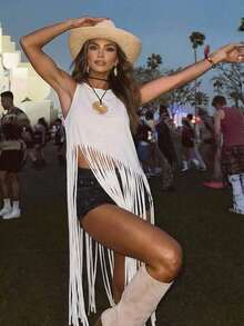 女士纯色圆领音乐节日常假日流苏下摆吊带衫 - 白色 - 查看 1